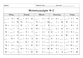Vorschau - Arbeitsblätter - Wochenhausaufgabe Mathematik, 1.Klasse, im ZR20 mit Zehnerüberschreitung - Seite 3