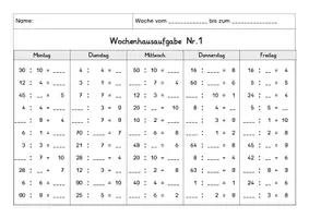 Vorschau - Arbeitsblätter - Wochenhausaufgabe Mathematik, 2.Klasse, Geteiltaufgaben, alle Reihen - Seite 1