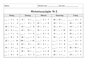 Vorschau - Arbeitsblätter - Wochenhausaufgabe Mathematik, 2.Klasse, Geteiltaufgaben, alle Reihen - Seite 2