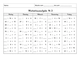 Vorschau - Arbeitsblätter - Wochenhausaufgabe Mathematik, 2.Klasse, Geteiltaufgaben, alle Reihen - Seite 3