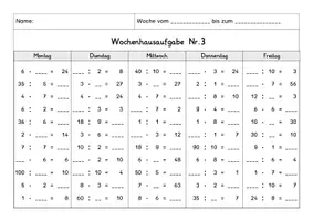 Vorschau - Arbeitsblätter - Wochenhausaufgabe Mathematik, 2.Klasse, Mal-und Geteiltaufgaben, alle Reihen - Seite 3