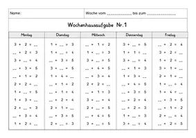 Vorschau - Arbeitsblätter - Wochenhausaufgabe Mathematik, 1.Klasse, Plusaufgaben im ZR5 - Seite 1