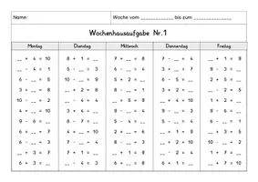Vorschau - Arbeitsblätter - Wochenhausaufgabe Mathematik, 1.Klasse, Plus und Minus im ZR10 - Seite 1