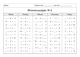 Vorschau - Arbeitsblätter - Wochenhausaufgabe Mathematik, 1.Klasse, Plus und Minus im ZR10 - Seite 2