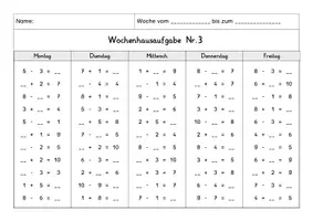 Vorschau - Arbeitsblätter - Wochenhausaufgabe Mathematik, 1.Klasse, Plus und Minus im ZR10 - Seite 3