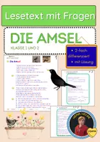 Vorschau - Arbeitsblätter - Die Amsel Lesen-Verstehen-Üben, Sachtext Klasse 1 und 2 - Deckblatt
