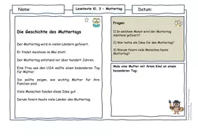 Vorschau - Arbeitsblätter - Muttertag Klasse 3 – Lesetexte & Arbeitsblätter | Geschichte des Muttertags und Dankbarket - Seite 1