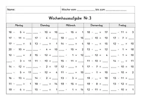 Vorschau - Arbeitsblätter - Wochenhausaufgabe Mathematik, 1. Klasse, Minus im ZR20 oÜ - Seite 3