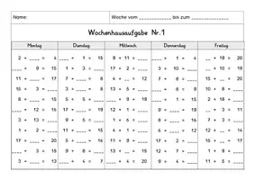 Vorschau - Arbeitsblätter - Wochenhausaufgabe Mathematik, 1.Klasse, Plus im ZR20 mÜ - Seite 1