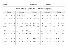 Vorschau - Arbeitsblätter - Wochenhausaufgabe Mathematik, 1.Klasse, Umkehraufgaben ZR20 mÜ - Seite 1