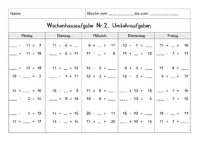 Vorschau - Arbeitsblätter - Wochenhausaufgabe Mathematik, 1.Klasse, Umkehraufgaben ZR20 mÜ - Seite 2