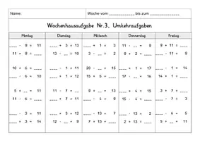 Vorschau - Arbeitsblätter - Wochenhausaufgabe Mathematik, 1.Klasse, Umkehraufgaben ZR20 mÜ - Seite 3