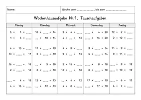 Vorschau - Arbeitsblätter - Wochenhausaufgabe Mathematik, 1.Klasse, Tauschaufgaben im ZR20 mÜ - Seite 1