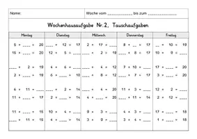 Vorschau - Arbeitsblätter - Wochenhausaufgabe Mathematik, 1.Klasse, Tauschaufgaben im ZR20 mÜ - Seite 2