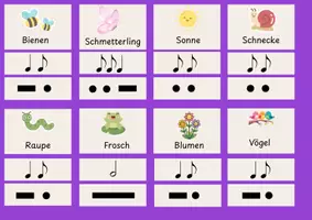 Vorschau - Präsentationen/Tafelbilder - Rhythmuskarten Frühling klein- mit Notenwerten und langen und kurzen Tönen differenziert - Seite 1