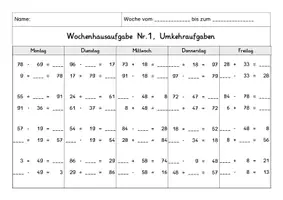 Vorschau - Arbeitsblätter - Wochenhausaufgabe Mathematik, 2.Klasse, Umkehraufgaben im ZR100 mÜ - Seite 1