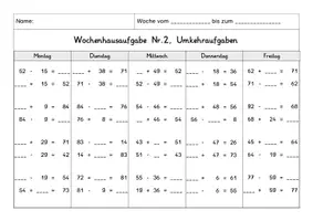 Vorschau - Arbeitsblätter - Wochenhausaufgabe Mathematik, 2.Klasse, Umkehraufgaben im ZR100 mÜ - Seite 2
