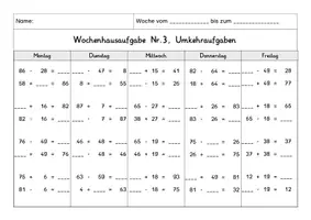 Vorschau - Arbeitsblätter - Wochenhausaufgabe Mathematik, 2.Klasse, Umkehraufgaben im ZR100 mÜ - Seite 3