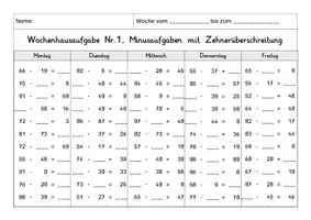Vorschau - Arbeitsblätter - Wochenhausaufgabe Mathematik, 2.Klasse, Minus im ZR100 mÜ - Seite 1