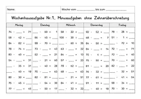 Vorschau - Arbeitsblätter - Wochenhausaufgabe Mathematik, 2.Klasse, Minus im ZR100 oÜ - Seite 1