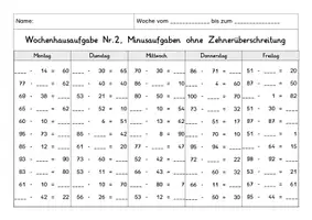 Vorschau - Arbeitsblätter - Wochenhausaufgabe Mathematik, 2.Klasse, Minus im ZR100 oÜ - Seite 2