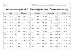 Vorschau - Arbeitsblätter - Wochenhausaufgabe Mathematik, 2.Klasse, Minus im ZR100 oÜ - Seite 3