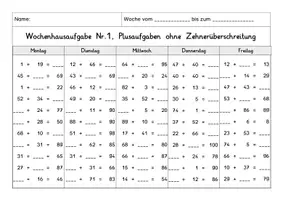 Vorschau - Arbeitsblätter - Wochenhausaufgabe Mathematik, 2.Klasse, Plus im ZR100 oÜ - Seite 1