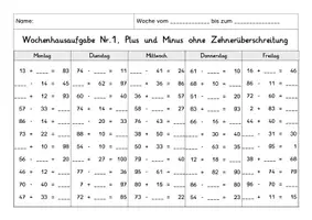 Vorschau - Arbeitsblätter - Wochenhausaufgabe Mathematik, 2. Klasse, Plus und Minus im ZR100 oÜ - Seite 1