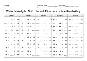 Vorschau - Arbeitsblätter - Wochenhausaufgabe Mathematik, 2. Klasse, Plus und Minus im ZR100 oÜ - Seite 2