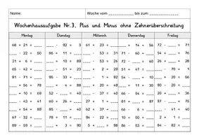 Vorschau - Arbeitsblätter - Wochenhausaufgabe Mathematik, 2. Klasse, Plus und Minus im ZR100 oÜ - Seite 3