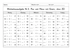 Vorschau - Arbeitsblätter - Wochenhausaufgabe Mathematik, 2.Klasse, einfache Plus- und Minusaufgaben im ZR100 - Seite 3