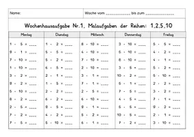 Vorschau - Arbeitsblätter - Wochenhausaufgabe Mathematik, 2.Klasse, Übung einzelner Malreihen - Seite 1