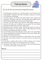 Vorschau - Arbeitsblätter - Fabrikarbeiter Lesetext einfach verständlich mit Aufgaben + Lösungen und Wortspeicher Leseverstehen - Seite 3