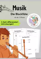Vorschau - Arbeitsblätter - Die Blockflöte Arbeitsblätter Grundschule (3-fach differenziert) – Instrument beschriften & ausmalen | Musik Klasse 2 inkl. Lösungen🪈🎼 - Deckblatt