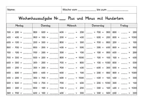 Vorschau - Arbeitsblätter - Wochenhausaufgabe Mathe, 3.Klasse, einfache Plus- und Minusaufgaben ZR1000 - Seite 1