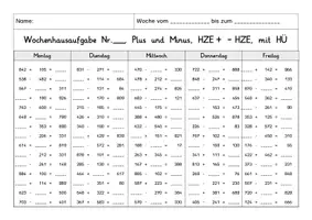 Vorschau - Arbeitsblätter - Wochenhausaufgaben: Rechnen im Zahlenraum bis 1000 mit Übergang - Seite 1