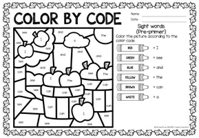 Aperçu - Feuilles d'exercices - Color by code - Sight words Pre-Primer (Seasons) | Saisons Anglais - Bundle (Kit) - Page 1
