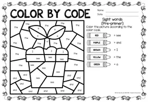 Aperçu - Feuilles d'exercices - Color by code - Sight words Pre-Primer (Spring) | Printemps Anglais - Page 1