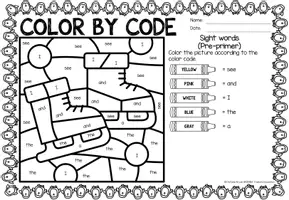 Aperçu - Feuilles d'exercices - Color by code - Sight words Pre-Primer (Winter) | Hiver Anglais - Page 1
