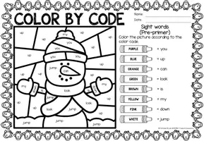 Aperçu - Feuilles d'exercices - Color by code - Sight words Pre-Primer (Winter) | Hiver Anglais - Page 2
