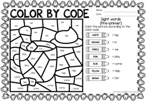 Aperçu - Feuilles d'exercices - Color by code - Sight words Pre-Primer (Winter) | Hiver Anglais - Page 3