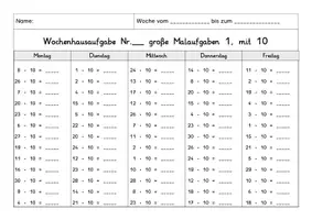 Vorschau - Arbeitsblätter - Wochenhausaufgabe Mathe, 3.Klasse, Multiplikation und Division mit 10 - Seite 1