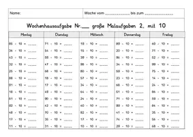 Vorschau - Arbeitsblätter - Wochenhausaufgabe Mathe, 3.Klasse, Multiplikation und Division mit 10 - Seite 2