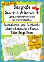 Vorschau - Unterrichtsreihen - Südtirol – großes Arbeitsheft: Lage · Geschichte · Städte · Landesteile · Flüsse · Täler · Berge · Pässe (Kl. 4–5) - Deckblatt