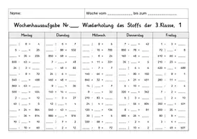 Vorschau - Arbeitsblätter - Wochenhausaufgabe Mathe, 3.Klasse, alle Rechenarten gemischt ZR1000 - Seite 1