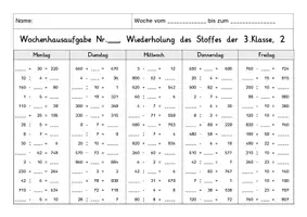 Vorschau - Arbeitsblätter - Wochenhausaufgabe Mathe, 3.Klasse, alle Rechenarten gemischt ZR1000 - Seite 2
