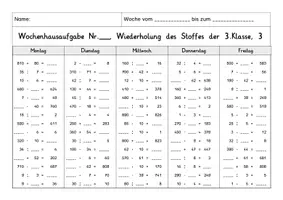Vorschau - Arbeitsblätter - Wochenhausaufgabe Mathe, 3.Klasse, alle Rechenarten gemischt ZR1000 - Seite 3