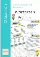 Vorschau - Stationenlernen - Wortarten im Fühling - Übungen - Arbeitsblätter mit Lösungen - Deckblatt