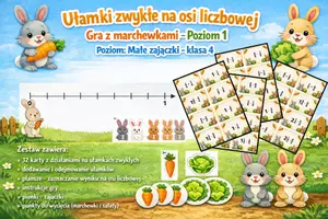 zapowiedź - Ułamki zwykłe na osi liczbowej + dodawanie i odejmowanie ułamków zwykłych o takich samych mianownikach – gra z marchewkami – Poziom 1 (Małe zajączki, klasa 4) - obwoluta