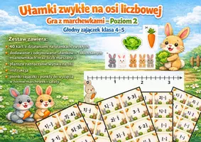 zapowiedź - Ułamki zwykłe na osi liczbowej + dodawanie i odejmowanie ułamków zwykłych i liczb mieszanych o takich samych mianownikach – gra z marchewkami – Poziom 2 (Głodny zajączek, klasa 4-5) - obwoluta